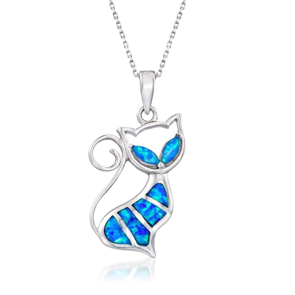 Blue Opal Cat Pendant Silver Necklace